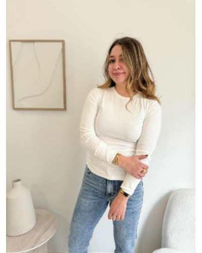 T-shirt chaud à manches longues femme – col rond blanc, effet seconde peau idéal pour l’hiver