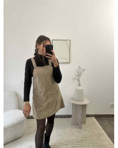 Robe salopette en velours beige – coupe droite, style casual chic pour femme