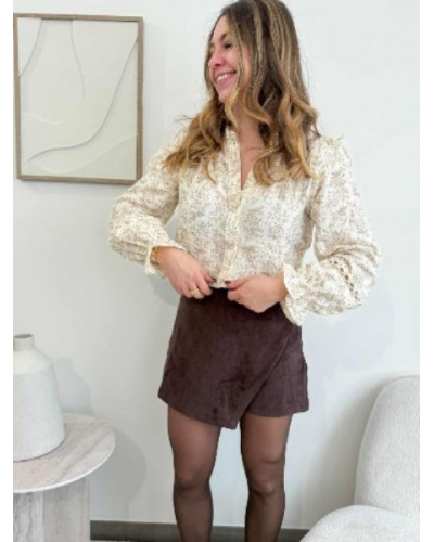 Blouse bohème en gaze de coton imprimée feuillage écru beige – coupe fluide et détails brodés