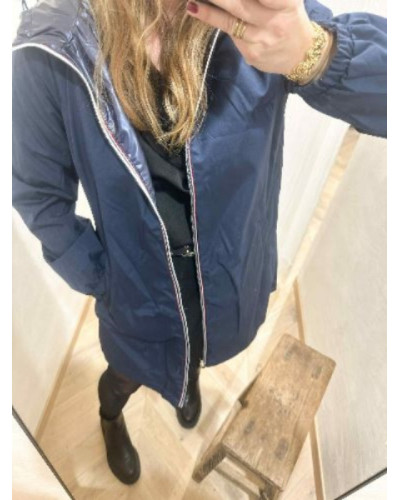 Imperméable mi-long chaud bleu marine réversible – Veste élégante avec capuche et doublure bleu brillant