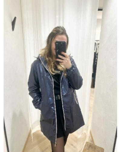 Imperméable mi-long chaud bleu marine réversible – Veste élégante avec capuche et doublure bleu brillant
