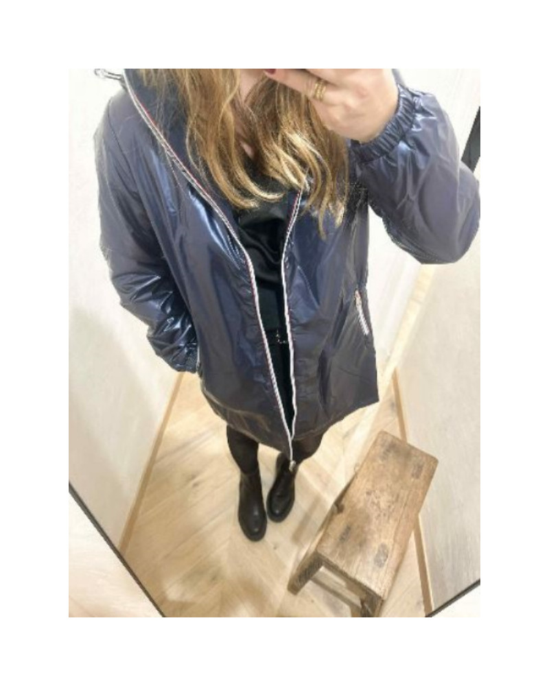 Imperméable mi-long chaud bleu marine réversible – Veste élégante avec capuche et doublure bleu brillant