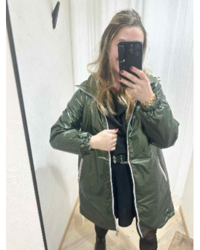 Imperméable mi-long réversible kaki avec capuche – côté mat & brillant