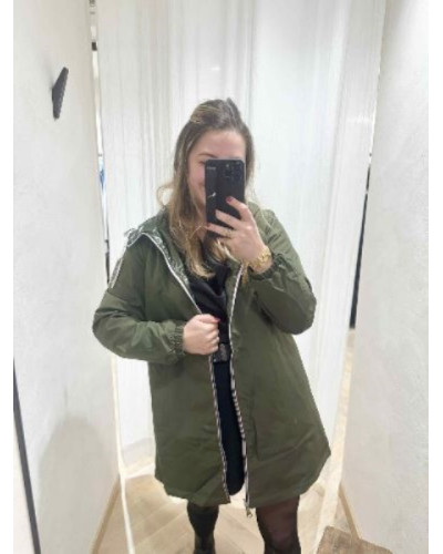 Imperméable mi-long réversible kaki avec capuche – côté mat & brillant