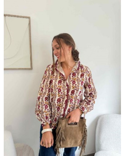 Chemise à fleurs ocre et bordeau