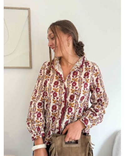 Chemise à fleurs ocre et bordeau