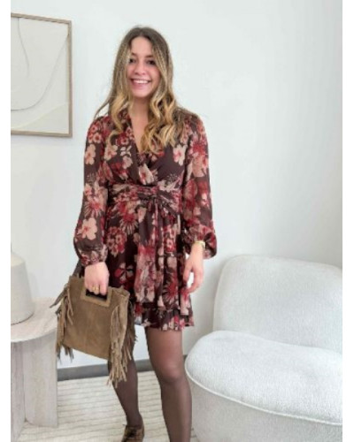 Robe marron fleurs vieux rose