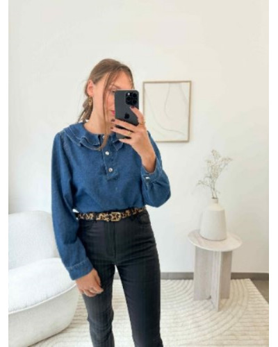 Blouse denim brut col claudine