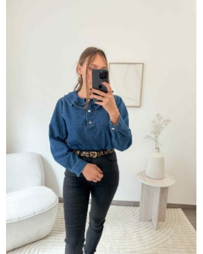 Blouse denim brut col claudine