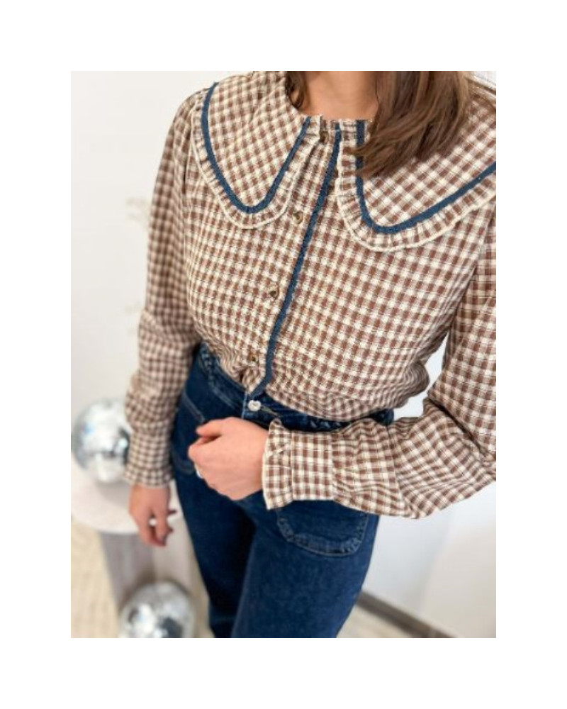 Chemise col claudine beige et bleu