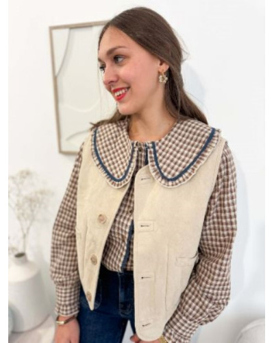 Chemise col claudine beige et bleu