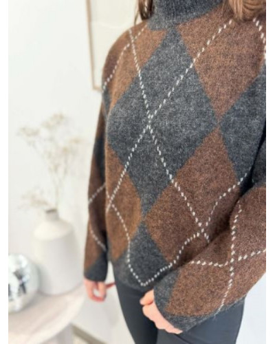 Pull à carreaux marron et gris