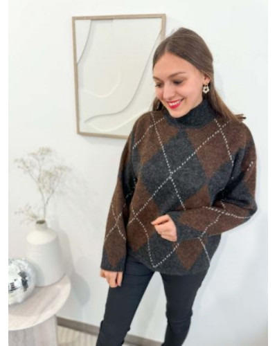Pull à carreaux marron et gris