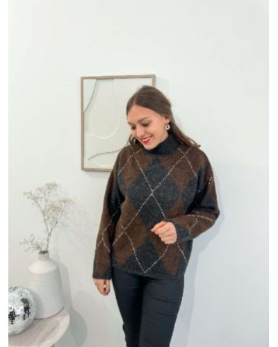 Pull à carreaux marron et gris