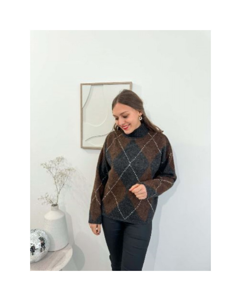 Pull à carreaux marron et gris
