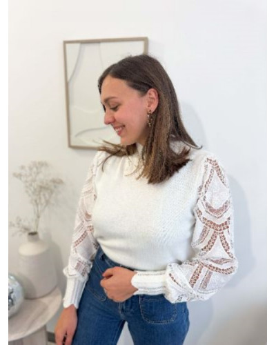 Pull blanc manches dentelles - Denisa