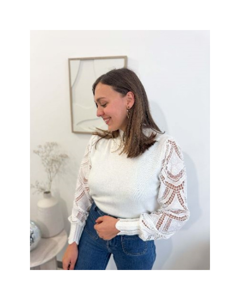 Pull blanc manches dentelles - Denisa