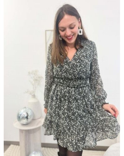 Robe noire fleurie ecru