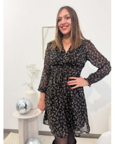 Robe Noire avec Feuillages Marron Camel – Élégance Naturelle et Tendance | Livraison Rapide