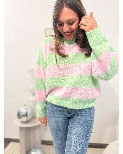 Pull femme rayé vert et rose en maille douce – col rond