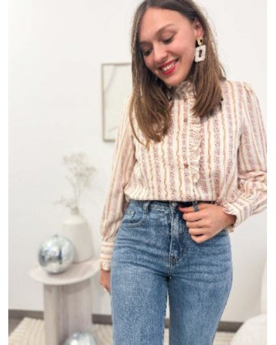 Chemisier femme écru à rayures fleuries camel – col montant à volants