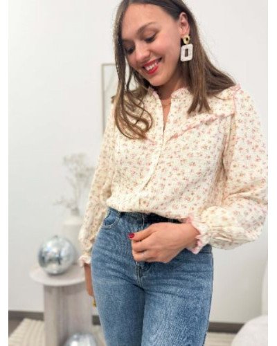 Chemisier fleurs rose gaz de coton