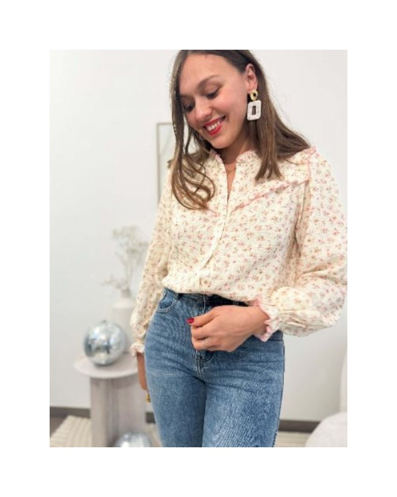 Chemisier fleurs rose gaz de coton