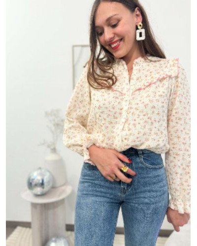 Chemisier fleurs rose gaz de coton