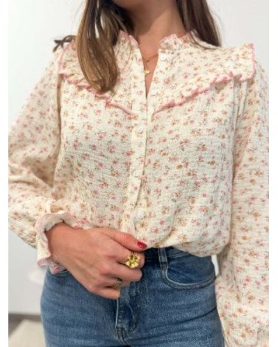 Chemisier fleurs rose gaz de coton