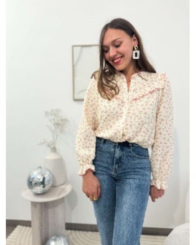 Chemisier fleurs rose gaz de coton