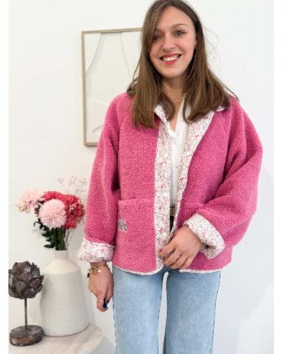 Veste bouclette réversible rose fleurie