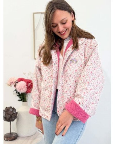 Veste bouclette réversible rose fleurie