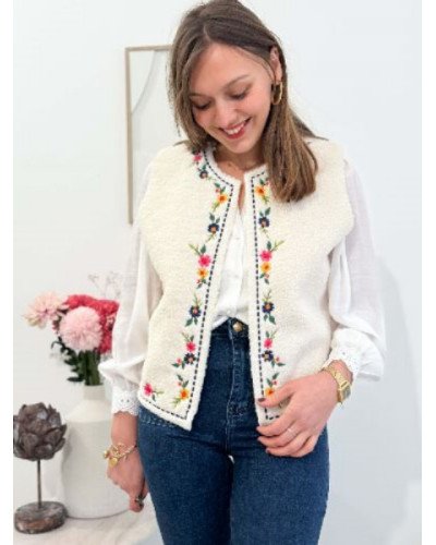 Veste gilet sans manches femme en bouclette beige – Broderies florales multicolores