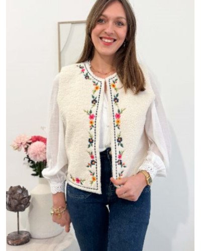 Veste gilet sans manches femme en bouclette beige – Broderies florales multicolores