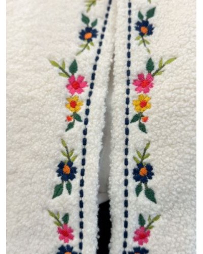 Veste gilet sans manches femme en bouclette beige – Broderies florales multicolores