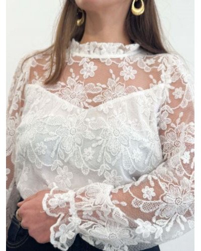 Blouse femme blanche en dentelle ajourée – Doublure confortable