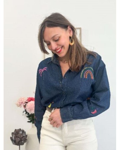 Chemise oversize femme en jean denim brut – Broderies multicolores
