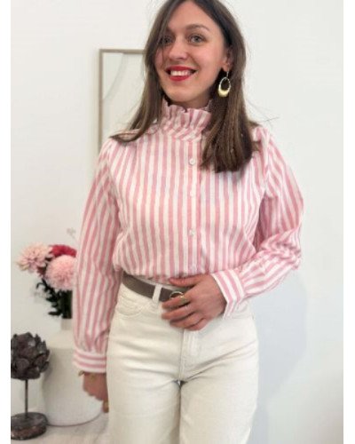 Chemisier femme rayé rose et blanc – Col montant élégant