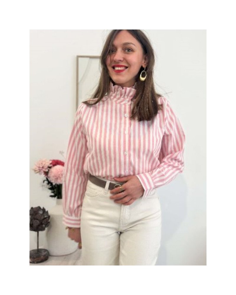 Chemisier femme rayé rose et blanc – Col montant élégant