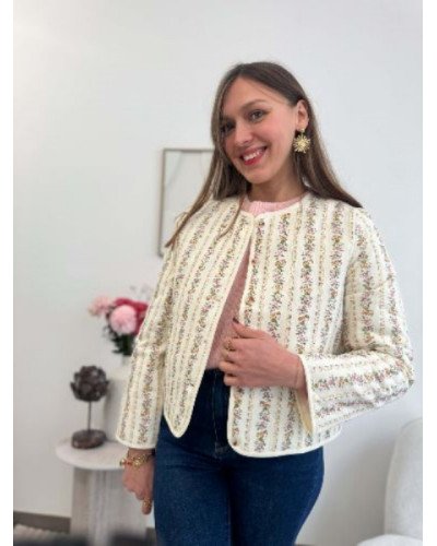 Manteau femme matelassé bohème – Motif petites fleurs écru
