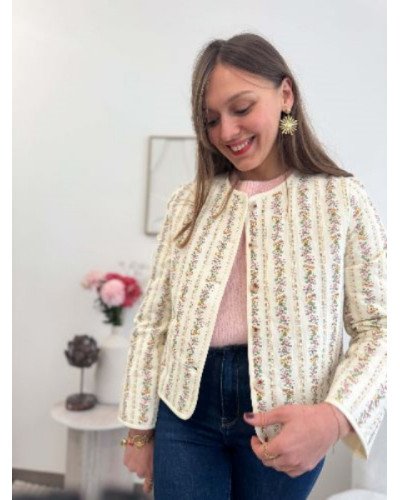 Manteau femme matelassé bohème – Motif petites fleurs écru