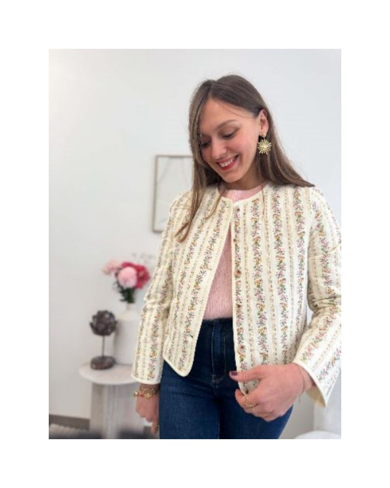 Manteau femme matelassé bohème – Motif petites fleurs écru