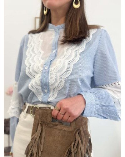 Chemise femme rayée bleu et blanc – Détail dentelle blanche