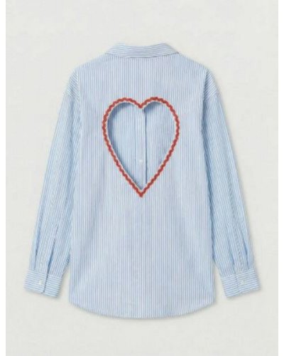 Chemisier rayé bleu et blanc femme – Dos cœur ouvert avec broderie rouge