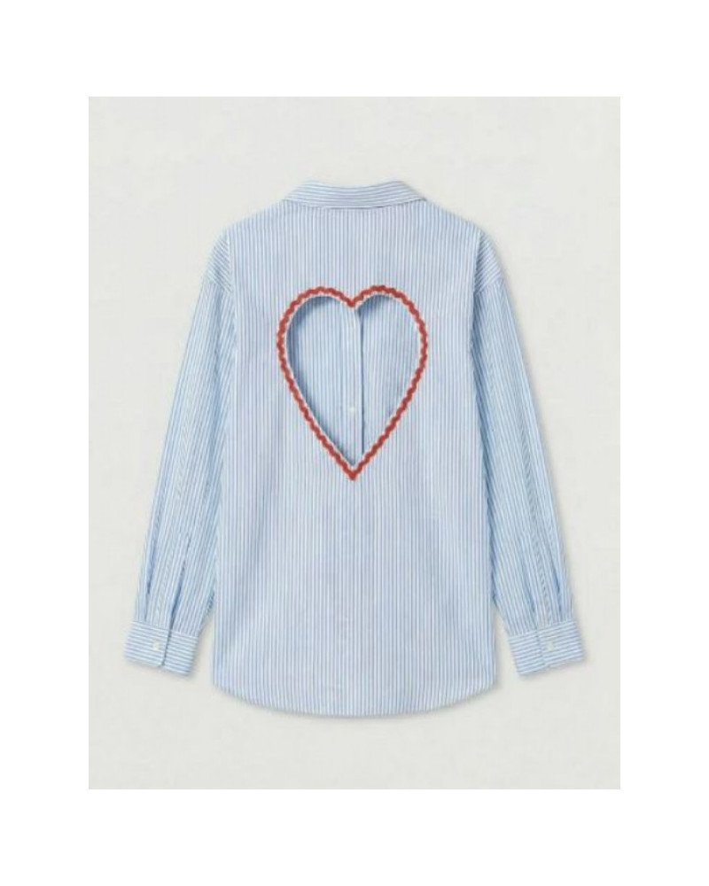Chemisier rayé bleu et blanc femme – Dos cœur ouvert avec broderie rouge