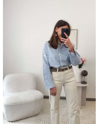 Chemisier rayé bleu et blanc femme – Dos cœur ouvert avec broderie rouge