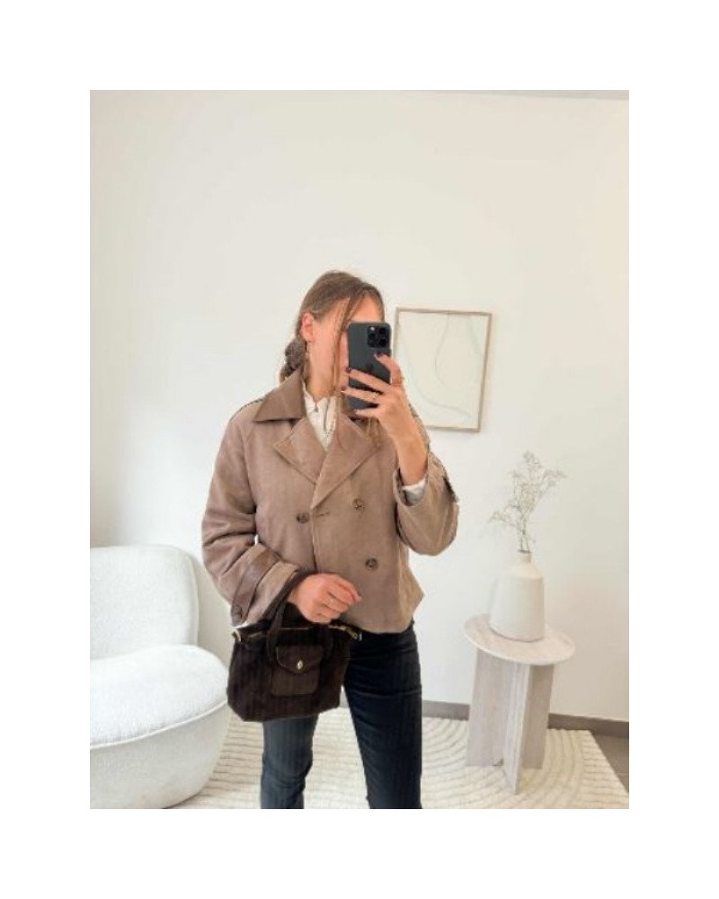 Trench court taupe double matière – Élégance moderne et chic