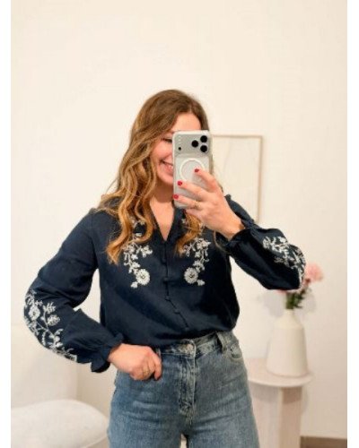 Blouse en coton bleu marine avec broderie écru sur les manches – Élégance et confort