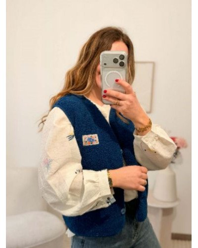 Veste bouclette sans manches style berger bleu marine – Confort et chaleur