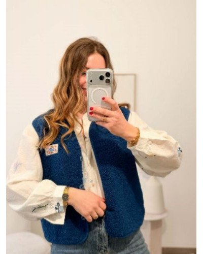 Veste bouclette sans manches style berger bleu marine – Confort et chaleur